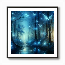 Fairy Forest With Trees And Glowing Blue Leaves, Painting Art Art Print