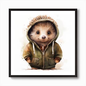 Watercolour Cartoon Hedgehog In A Hoodie Art Print