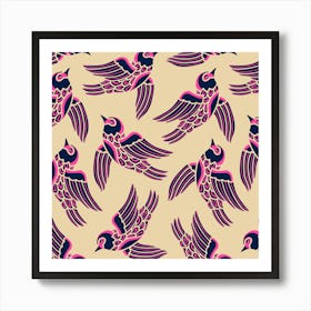 BIRDS FLYING HIGHER Cute Nature Wildlife in Midnight Blue Hot Pink Sand Art Print