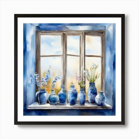 Blue wall. Open window. From inside an old-style room. Silver in the middle. There are several small pottery jars next to the window. There are flowers in the jars Spring oil colors. Wall painting.51 Art Print