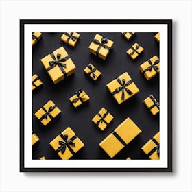 Yellow Gift Boxes On Black Background Art Print