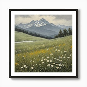vintage oil painting of wild flowers in a meadow, mountains in the background 8 Art Print