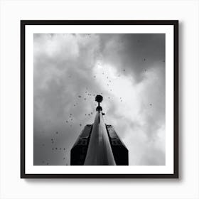 Black And White Image Of Birds Flying In The Sky Art Print