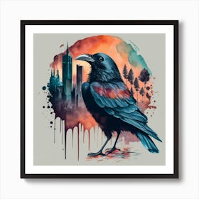 Crow Cityscape - raven and a city, natural scenery, watercolor art . Art Print