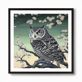 Ohara Koson Inspired Bird Painting Eastern Screech Owl 2 Square Art Print