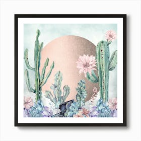 Watercolor Cactus - Rose Gold Boho Sunrise Art Print