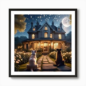 Dogs At Night In Front Of House Art Print