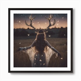 Fairy Light Antler Girl in Starry Butterfly Field Art Print