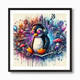 Penguin With Headphones 7 Art Print