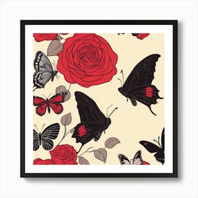 Red Roses And Butterflies Art Print