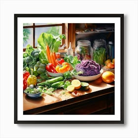 Watercolor Modern Kitchen With Aray Of Vegtables Studio Photography Complex Details Art Print