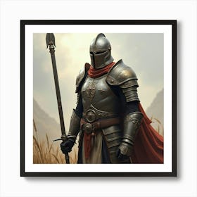 A Legendary Warrior In Ancient Armor, Standing On A Battlefield 1 Art Print