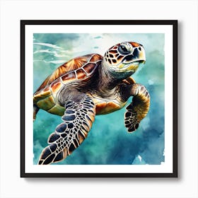 Sea Turtle In Motion, Sea Turtle Watercolour Art Print (1) Art Print