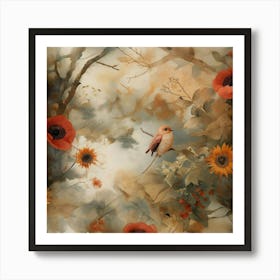 Ethereal Floral Pattern With Birds And Warm Earthy Tones Art Print