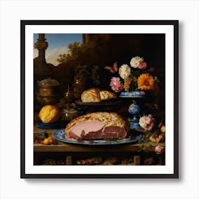 Table With Ham And Flowers 1 Art Print