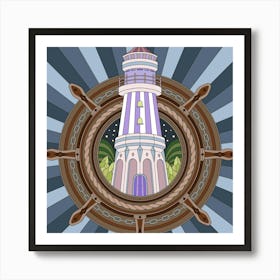 Lighthouse In The Ship'S Wheel Art Print