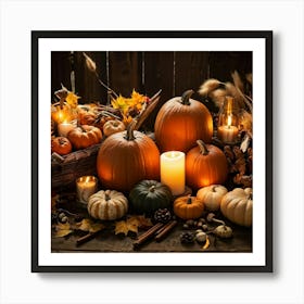 Autumn Harvest Table Laden With An Assortment Of Pumpkins Gourds And Dried Cornhusks Surrounded B (1) Poster