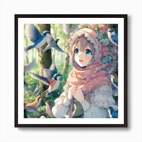 Anime Girl With Birds 3 Art Print