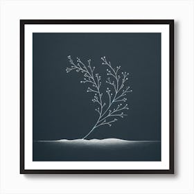 "Solitude in Frost"  In this artwork, a lone branch adorned with frosty buds stands resilient against a deep navy backdrop, its stark white highlights whispering the arrival of winter's touch.  Embrace the hushed elegance of winter with this piece, where the simplicity of a single frost-kissed branch against a serene nocturnal sky brings a peaceful balance to any space, inviting reflection and calm. Art Print