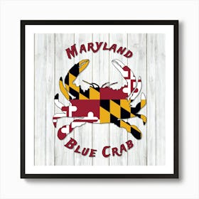 Maryland Blue Crab And Flag On Wood Art Print