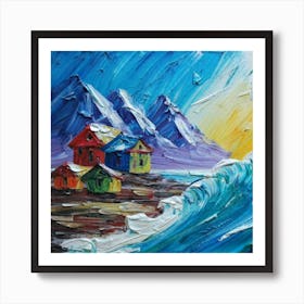 Acrylic and impasto pattern, mountain village, sea waves, log cabin, high definition, detailed geometric 17 Art Print