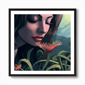 Woman smelling Venus Flytraps 2 Affiche