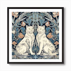 William Morris  Inspired  Classic Cats White Cats Teal Blue Square Art Print