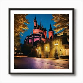 Pink lit castle and golden lit streets Art Print