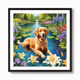 Golden Retriever In A Pond Art Print
