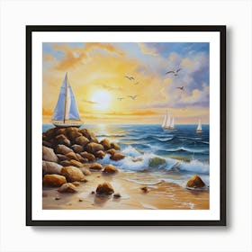 Oil painting design on canvas. Sandy beach rocks. Waves. Sailboat. Seagulls. The sun before sunset.40 Art Print