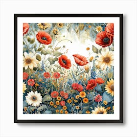 Poppies And Sunflowers Art Print