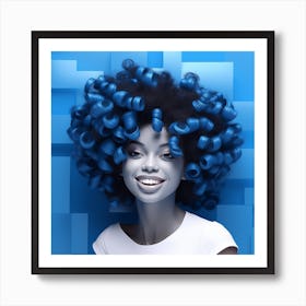 Blue Curly Haired Woman Smiling Art Print