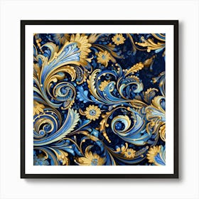 Gold And Blue Floral Pattern Art Print