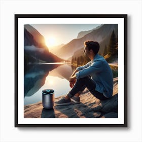 Man Sitting On A Rock Next To A Lake Art Print