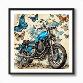 Blue Motorcycle With Butterflies Art Print