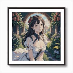In A Garden Filled With The Scent Of Roses, A Girl Wears An Elegant Smile Art Print