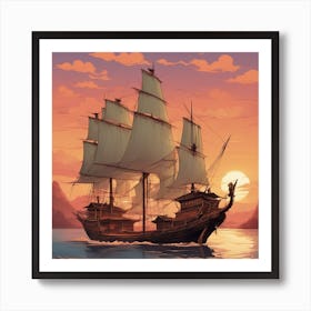 An Intricately Designed And Visually Stunning Illustration Of A Traditional Chinese Junk Boat Sailin Art Print