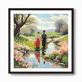 Couple Walking By A Stream Art Print