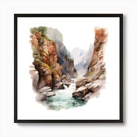 Watercolor Waterfall In The Mountains Art Print