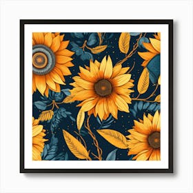 Sunflowers On Blue Background 1 Art Print