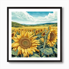 1 Sunflower Field Botanical Art Illustration Art Print