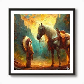 Young Native American Youth With Horse 3 Oil Texture Art Print