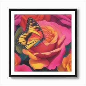 Butterfly On Roses Art Print