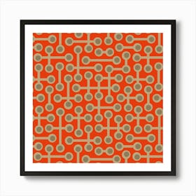 CIRCUITS Retro 1970s Mid Century Abstract Geometric Groovy Polka Dot in Vintage Sand and Beige on Coral Orange Art Print