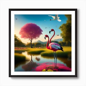 Flamingo Paradise: A Radiant Summer Haven Art Print