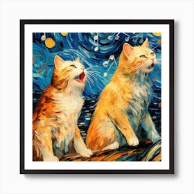 Two Cats Singing Starry Night Art Print