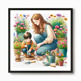 Mother And Child Gardening Art Print