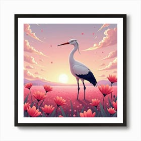 Crane In Pink Cosmos Field 1 Art Print