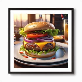 Burger On Plate On Table Ultra Hd Realistic Vivid Colors Highly Detailed Uhd Drawing Pen And I (15) Art Print