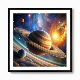 A close-up view of the planet Saturn with its rings, set against a galaxy. Art Print